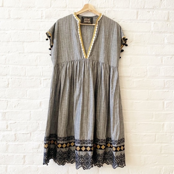 Avant Gard Dresses & Skirts - Avant Garde || Embroidered Tasseled Dress Cotton Black Gold Small